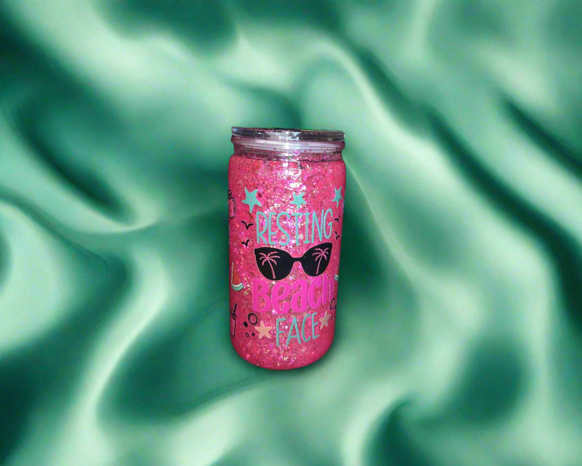 16oz Acrylic Pink "Resting Beach Face" Snow Globe Tumbler