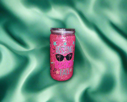 16oz Acrylic Pink "Resting Beach Face" Snow Globe Tumbler