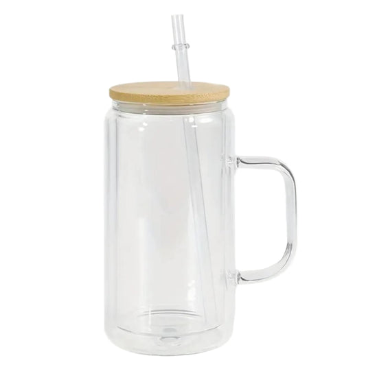 Custom 16oz Glass Snow Globe Tumbler w/ Handle & Wooden Lid